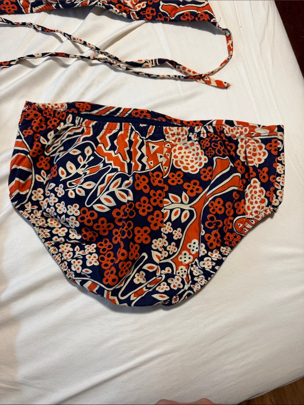 Three-Piece vintage, 100% cotton Bikini Set with Skirt - Orange Navy White - Picture 7 of 9